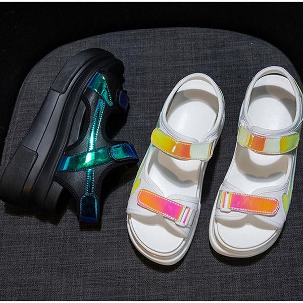 

platform hook&loop pu leather non slip beach sweet ladies comfort fashion casual flat sandals women summer shoes, Black