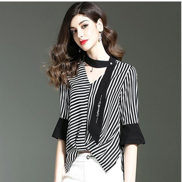 

women's blouses & shirts v-neck fashion stripe women elegant slim half sleeve chiffon shirt office ladies irregular ropa mujer blusas y, White