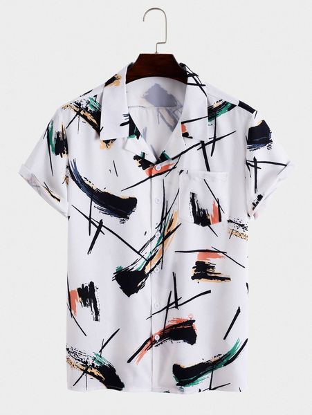 

men random brush print patched pocket shirt e49n#, White;black
