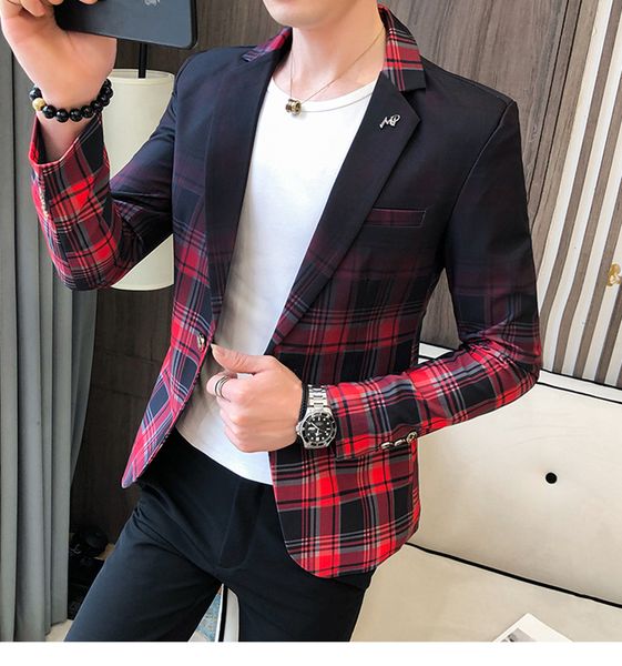 

fashion gradient color plaid men blazer slim jacket business casual single button mens dress suits asian size masculino, White;black