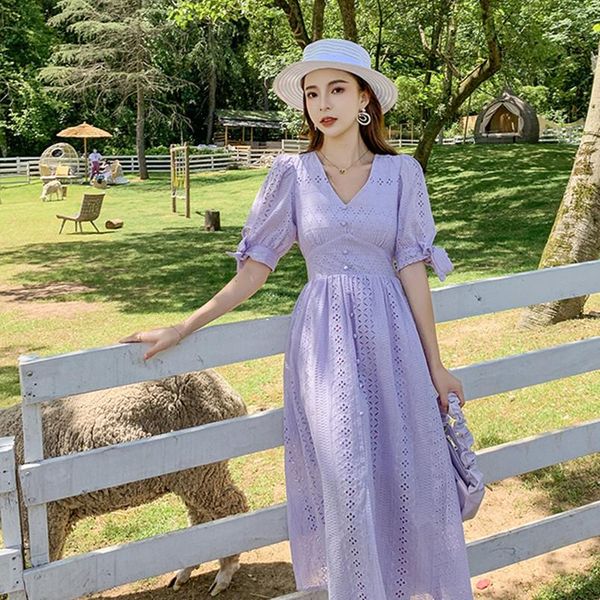 

hollow out white womens dress v neck bow lace summer vacation beach puff sleeves long elegant, Black;gray