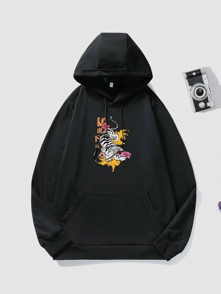 

men tiger & letter graphic kangaroo pocket drawstring hoodie z5fm#, Black