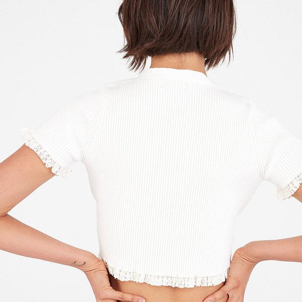 

short sleeve button tees womens cute mini t shirt teenager dayly designer clothing piping crew neck, White