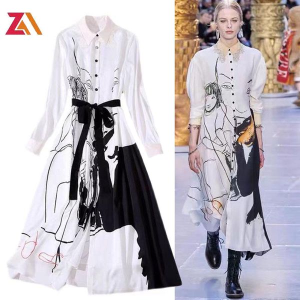 

casual dresses zalady designer runway cartoon print white shirt dress autumn fashion chic basic streewear midi women female, Black;gray