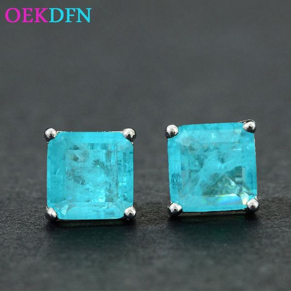 

paraiba tourmaline s925 sterling silver stud earrings for women sparkling zircon gemstone party wedding fine jewelry, Golden;silver