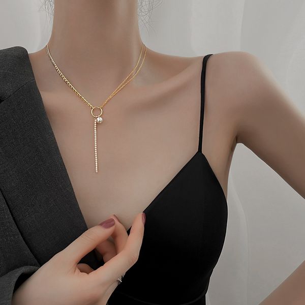 

circle pearl tassel necklaces new female niche design feeling collarbone chain summer, Silver
