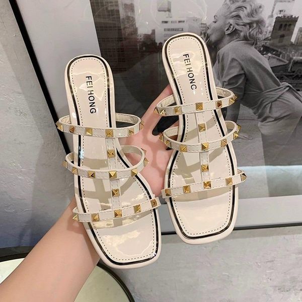 

slippers 2021 women shoes slip-on the casual leather stud sandals t-strap summer high heels square heel shallow, Black