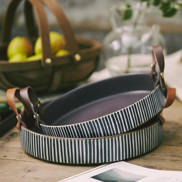 

kinglang exclusive handmade ceramic bowl with cow leather handle stripe round sallow salad plate bowls