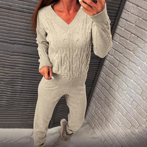 

women's two piece pants women knitted sweater suits track costumes autumn winter thick v neck pullover soft female jumper pull feale 2, White