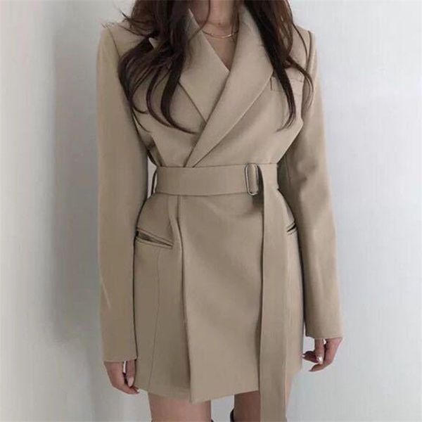 

spring autumn women's suit korean retro solid color lapel tie waist straight double pocket slim casual s gx424 210507, White;black