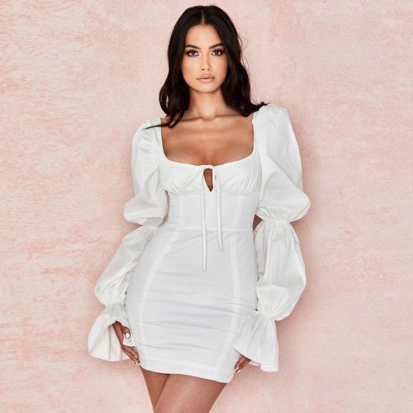 

casual dresses women bodycon solid dress long sleeve square neck white puff club party mini lace up waisted temperament, Black;gray