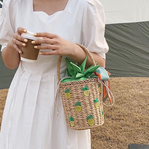 

evening bags fashion pineapple pattern rattan women handbags wicker woven bucket bag casual summer beach straw lady bali small tote 2021