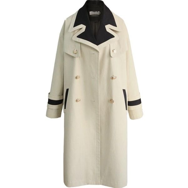 

women's trench coats khaki double-breasted windbreaker women long fashion turn down collar patchwork straight coat, Tan;black