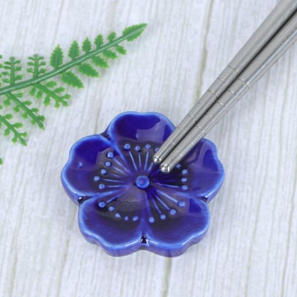 

chopsticks 6pcs sakura rest ceramic spoon fork holder pillow rack (dark blue)