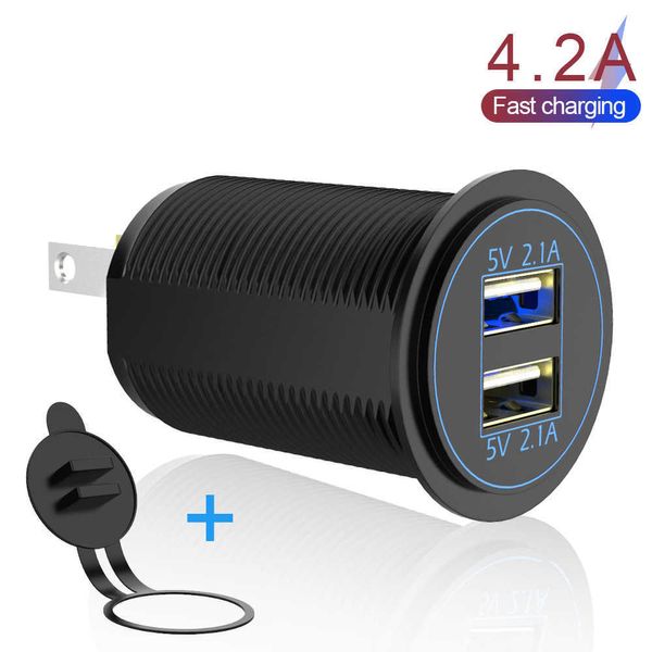 Para auto marinho motocicleta soquete 5v 4.2a saída dupla carregador USB 12-24V 2 porta de energia conduziu luz azul levou