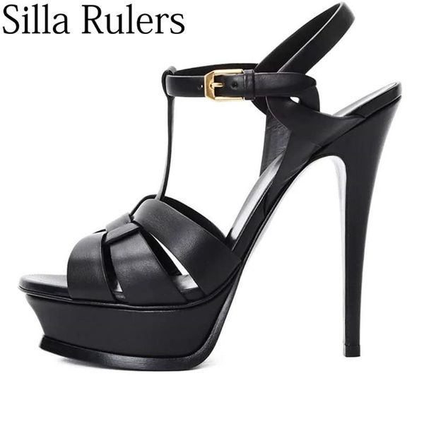 

classics gladiator sandals woman genuine leather peep toe 13.5cm high heels runway summer shoes party, Black