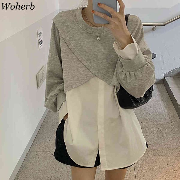 

spring two pieces set cropped hoodie sweatshirt + white casual blouse shirt korean fashion all match suit 210417