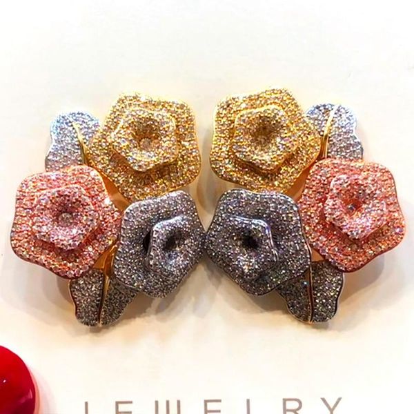 

fashion flower leaves cluster stud earrings for women wedding cubic zircon crystal cz dubai bride party earring, Golden;silver