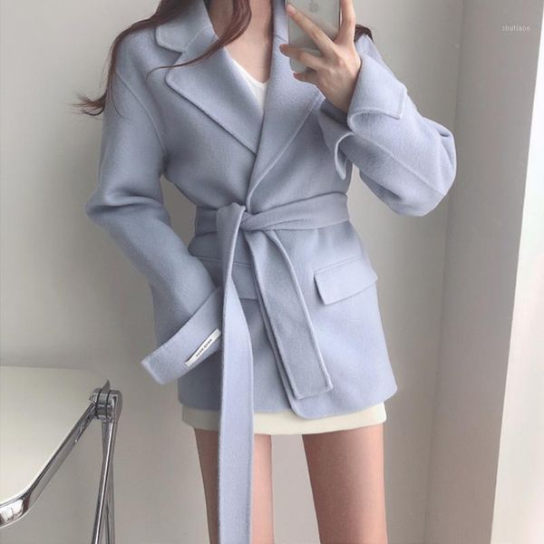 

women's wool & blends jsxdhk korean style chic autumn winter coats fashion turn down collen lace up belt lady split long sleeve woolen, Black