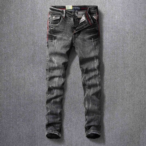 

jeans italian vintage designer fashion men jeans retro black gray slim fit ripped denim trousers streetwear hip hop pants, Blue