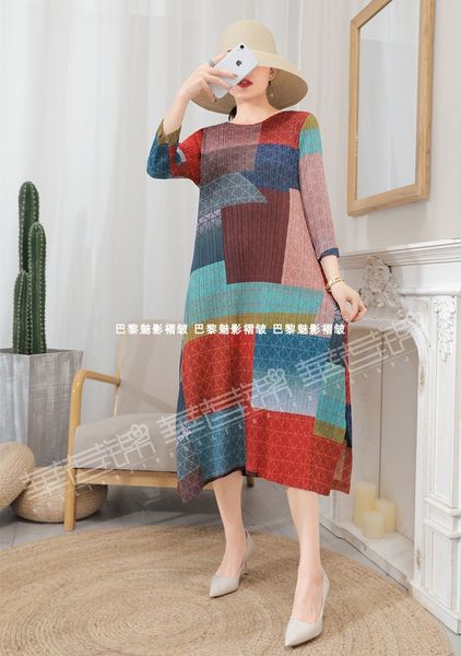 

dress miyake fold o-neck print the three quarter dig a-line, Black;gray