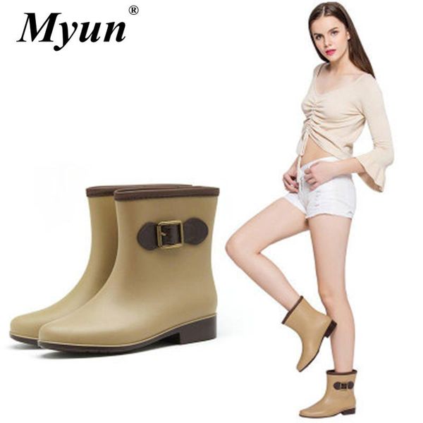 

boots ankle rain removable plush cover platform pvc waterproof snow buckle strap mature woman keep warm booties, Black