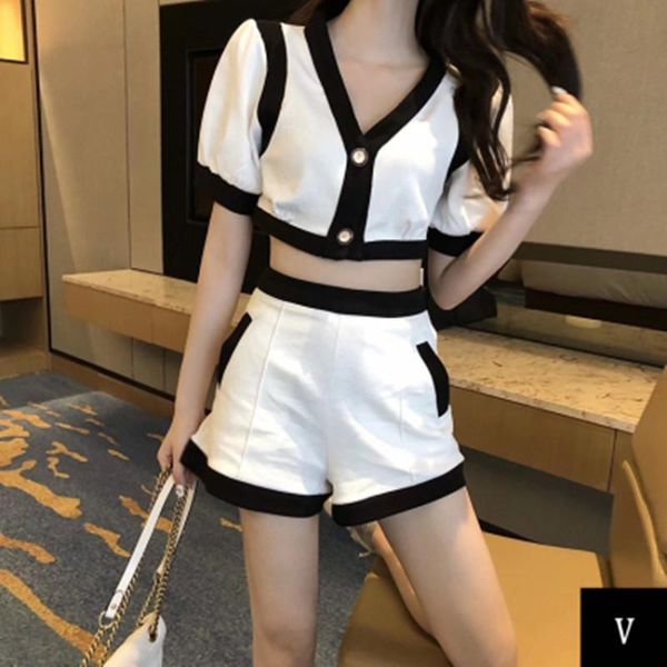 

summer women temperament v-neck short sleeve splicing + fashion elastic high waist mini shorts casual sports suit two piece dress, White