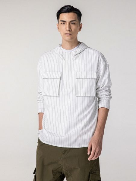 

men striped pocket detail hooded shirt k29v#, White;black