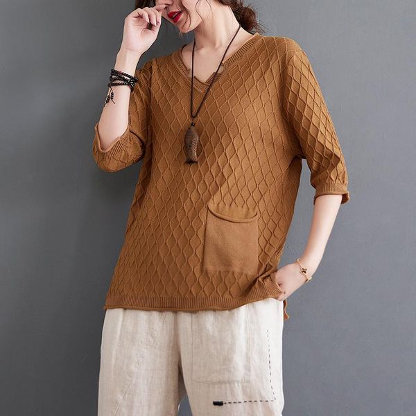 

women's t-shirt v-neck half sleeved sweater bottoming shirt loose oversized solid color pullover spring summer retro, White