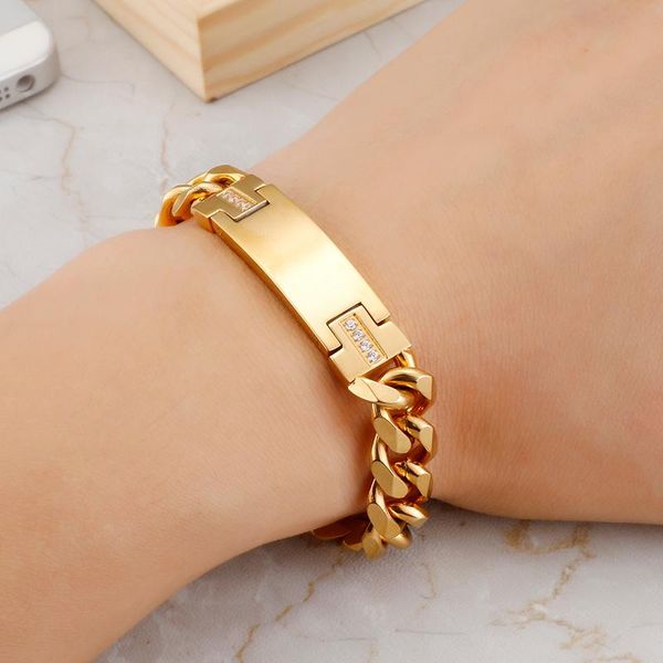 

link, chain silver/ gold fashion jewelry stainless steel curb link id bracelet heart zircon drill clasp 11mm wide, Black
