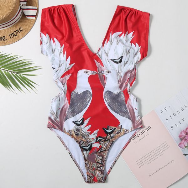 

cap sleeve swimsuit women swimwear bird print bodysuit summer beach bathing suit monokini swim wear s~xl 210520, White;black