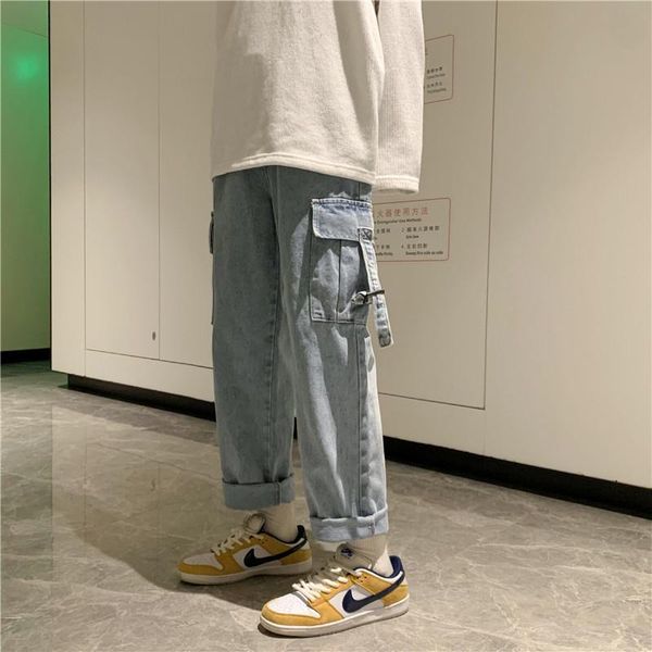 

men's pants #5091 black blue vintage cargo men jeans autumn winter korean streetwear casual loose straight wide leg fashion