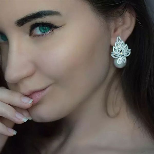 

godki imitation pearl leaf collection full micro cubic zirconia pave women bridal engagement earring jewelry addiction, Golden;silver