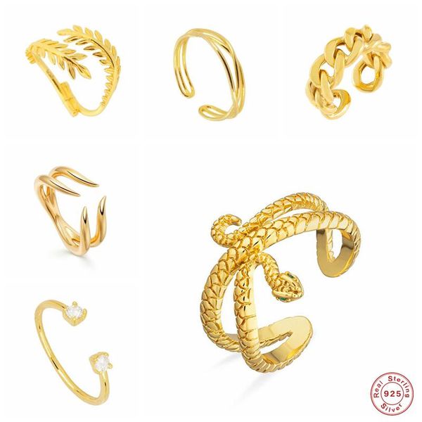 

aide 925 sterling silver gold multi-layer leaf branch opening rings for women clear zircon twisted snake chain adjustable ring cluster, Golden;silver