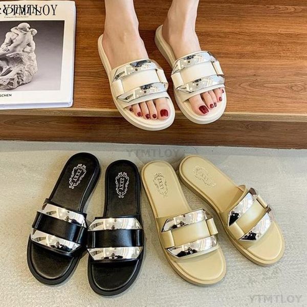 

flat shoes female slippers women summer luxury slides designer soft rubber metal decoration zapatillas casa mujer sapato feminin, Black