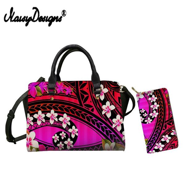 

evening bags noisydesigns 2pcs/set brand designer polynesian tribal style large handbag blue red plumeria pattern pu leather satchel&purse