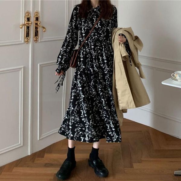 

casual dresses black print flower long women retro slim vintage fashion autumn high waist elegent female spring office lady, Black;gray