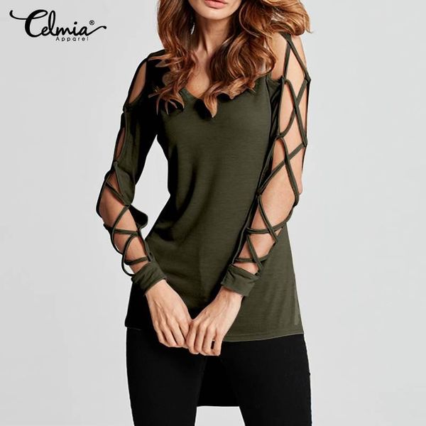 

women's blouses & shirts celmia hollow out long sleeve women 2021 fashion v-neck slim casual solid elegant blusas femininas, White