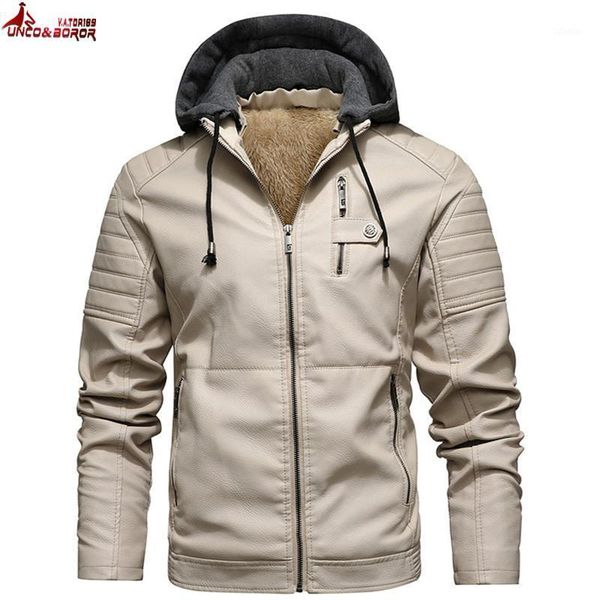 

men's fur & faux pu leather jacket men motorcycle hood winter coat fleece warm casual jackets male bomber windbreaker clothing, Black