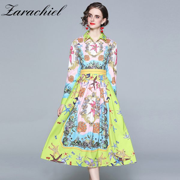 

spring autumn runway conch shell floral print midi women's long sleeve vintage elegant party pleated dress vestidos 210416, Black;gray