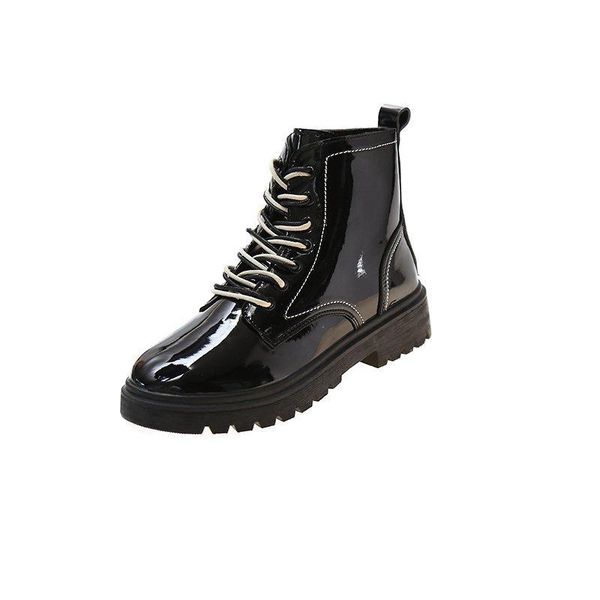 

boots women patent leather round toe casual lace up mid-calf dress shoes non-slip walking party trave comfort size, Black