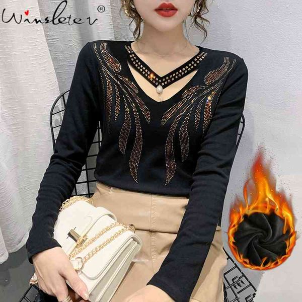 

women's t-shirt fall winter korean style girl hollow out shiny dimonds elegant women with fleece brushed cotton tees t0n, White