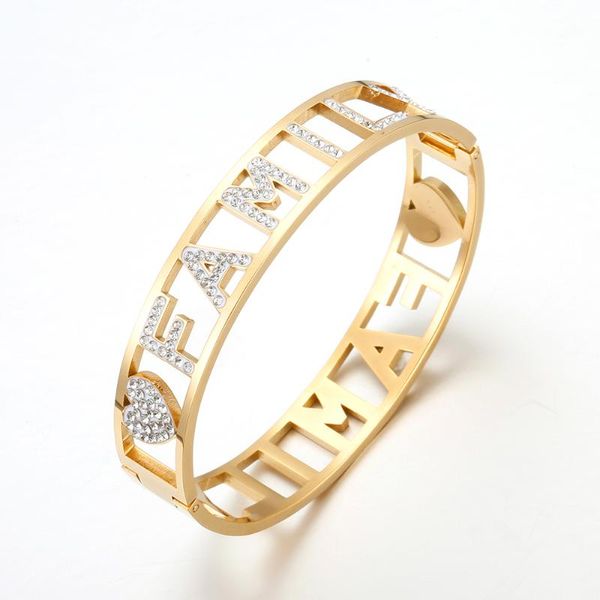 

bangle family gift stainless steel for women female luxury cz stone open jewelry accessory, Black