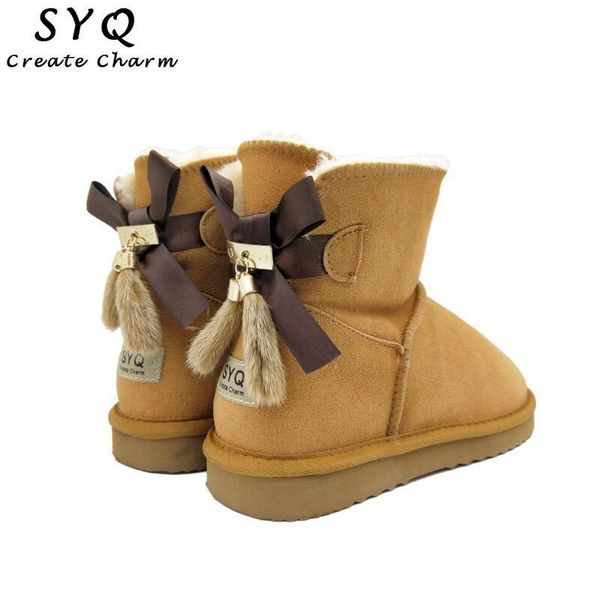

boots fashion ankle bow snow women wool fur lined australia classic genuine leather winter warm flat shoes size 34-45, Black