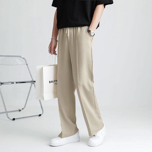 

solid color ice silk pants men's korean fashion loose casual men streetwear all-match straight wide-leg mopping, Black
