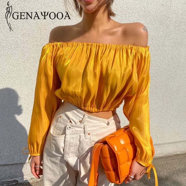 

genayooa korean style long sleeve t women solid off shoulder crop harajuku shirt loose mujer autumn ulzzang 210417, White