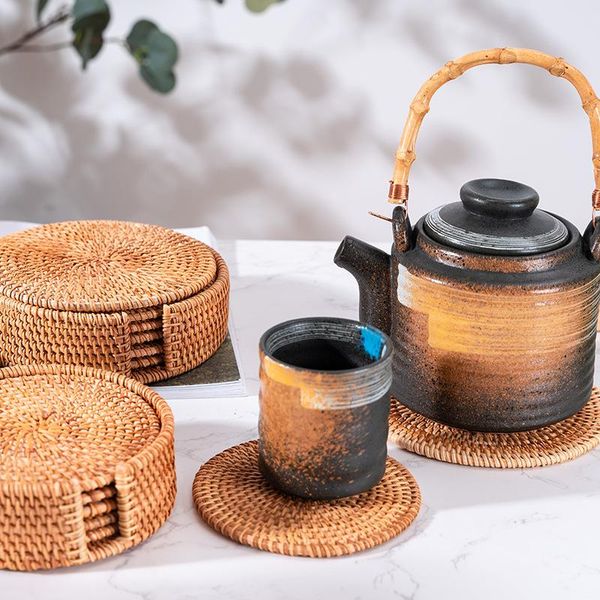 

mats & pads rattan coasters with holder storage box handmade tea cup round edge for kitchen table drinks crafts vc