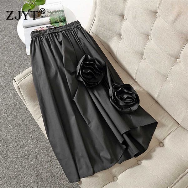 

elegant lady summer designers elastic waist 3d flower midi black party skirts women 210601