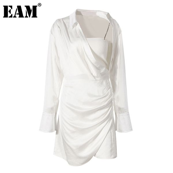 

[eam] women white pleated irreuglar dress v-collar long sleeve loose fit fashion spring summer 1dd8666 210512, Black;gray