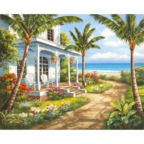 

paintings seaside house on canvas 40x60 frame painting by number for adults kits acrylic paint oil picture coloring home decor